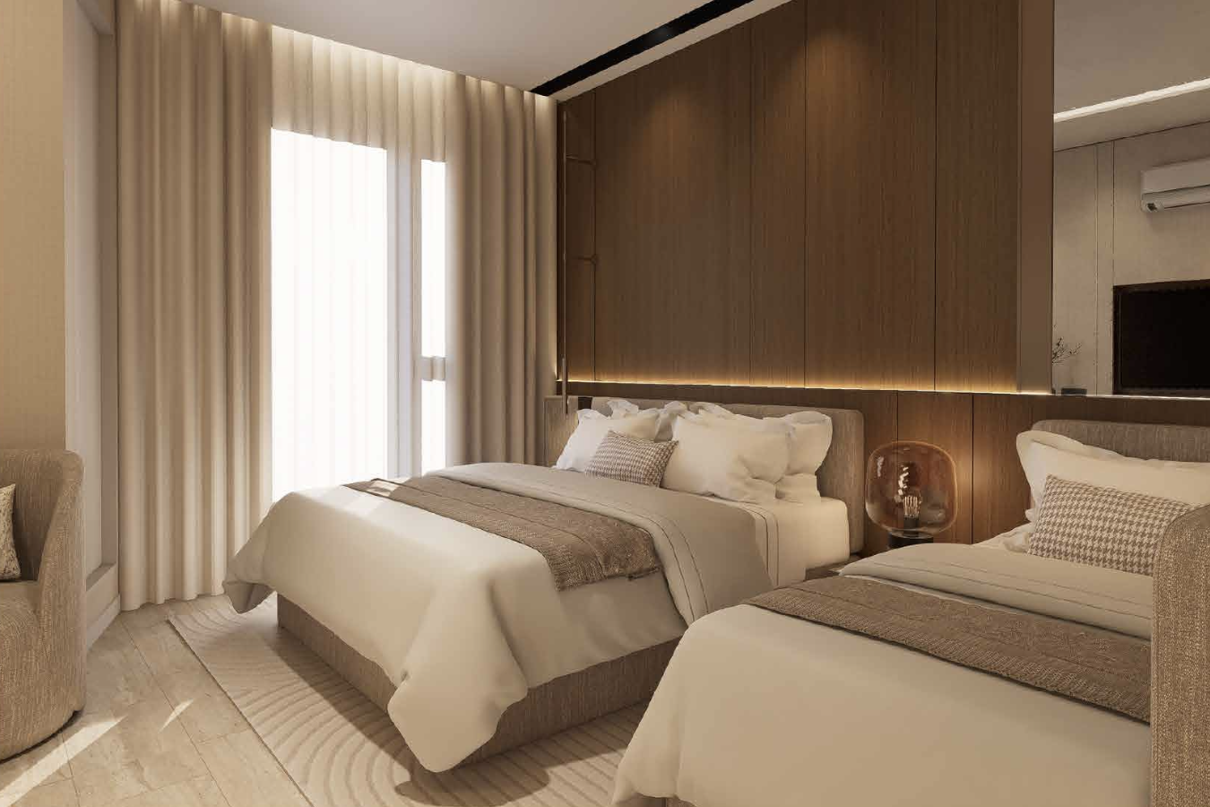 Walnut Elegance Type A beds beside the window